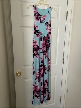 Bellamie Light Blue Maxi Dress with Pink Floral Print